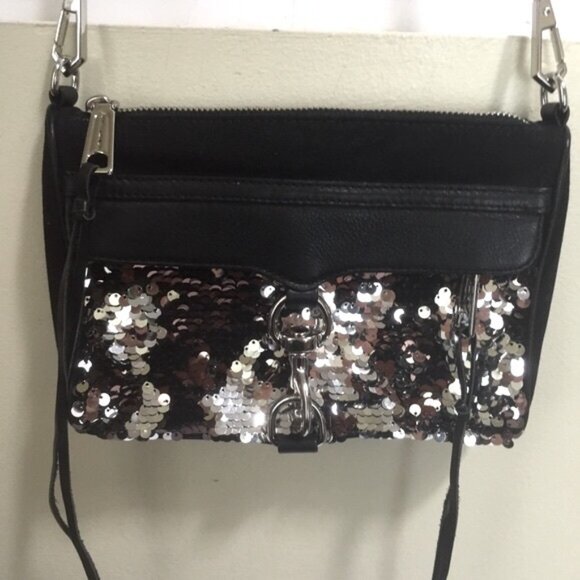 Rebecca Minkoff NEW Sequinned Mini Mac Leather Canvas Crossbody Shoulder Bag Zip - Picture 7 of 16